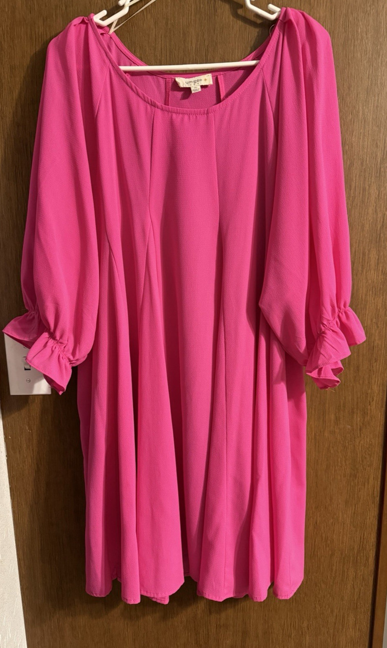 Umgee Hot pink shift pleated dress balloon 3/4 sleeve sz 1x Boho Boutique Chic